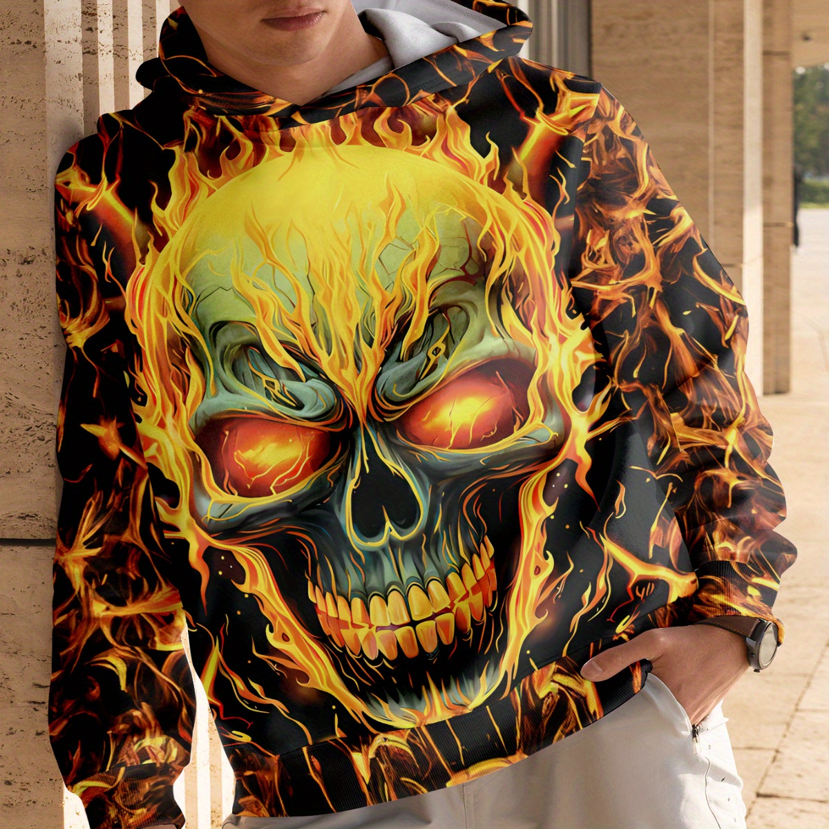

Men's Skull Hoodie, Casual Long Sleeve Hooded Sweatshirt For Outdoor