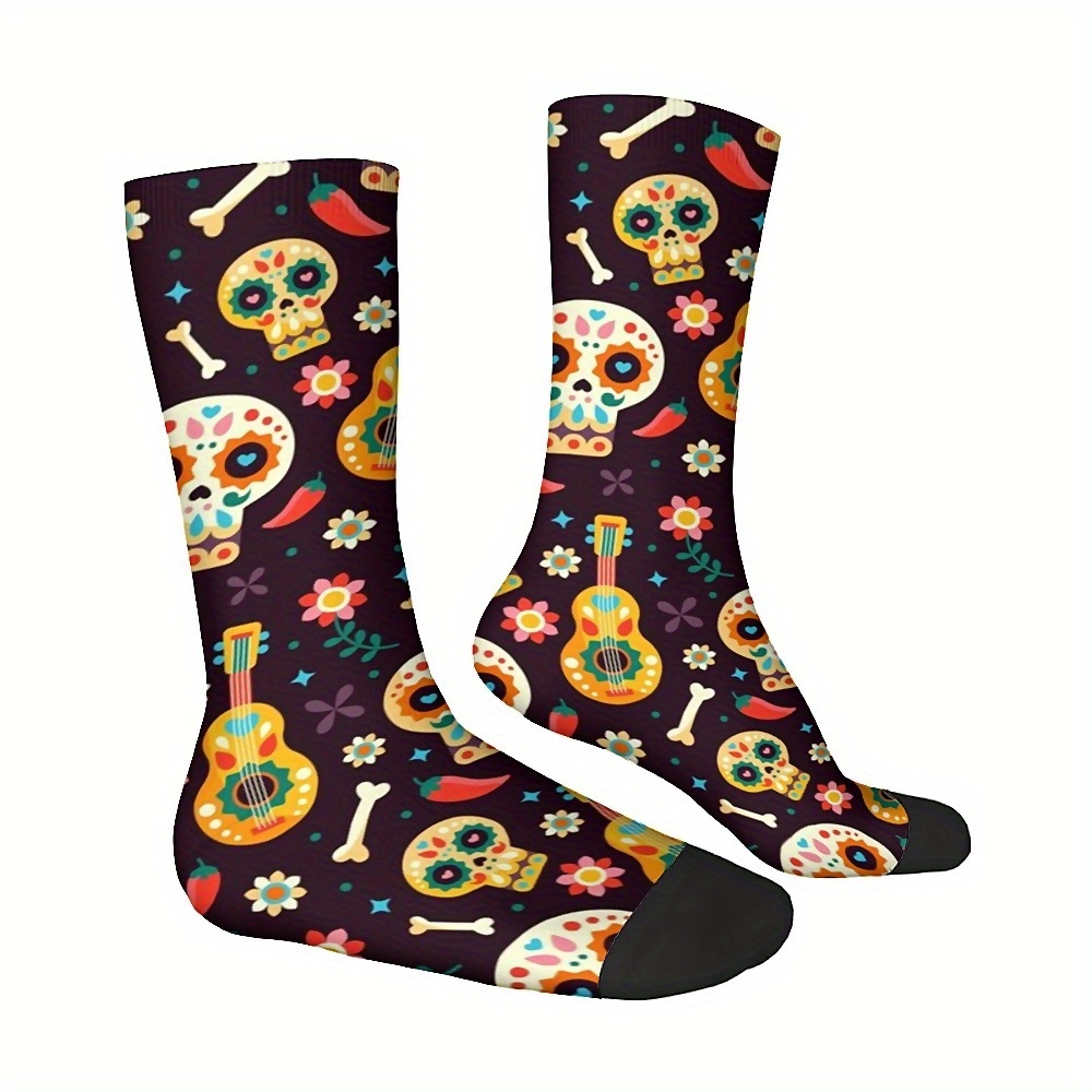 

Men's Mid-calf Knit Socks, Sugar Skull And Guitar Pattern, Polyester Crew Socks 95% Polyester 5% Spandex, Novelty Casual Dress Socks For Outdoor Activities - Machine Washable