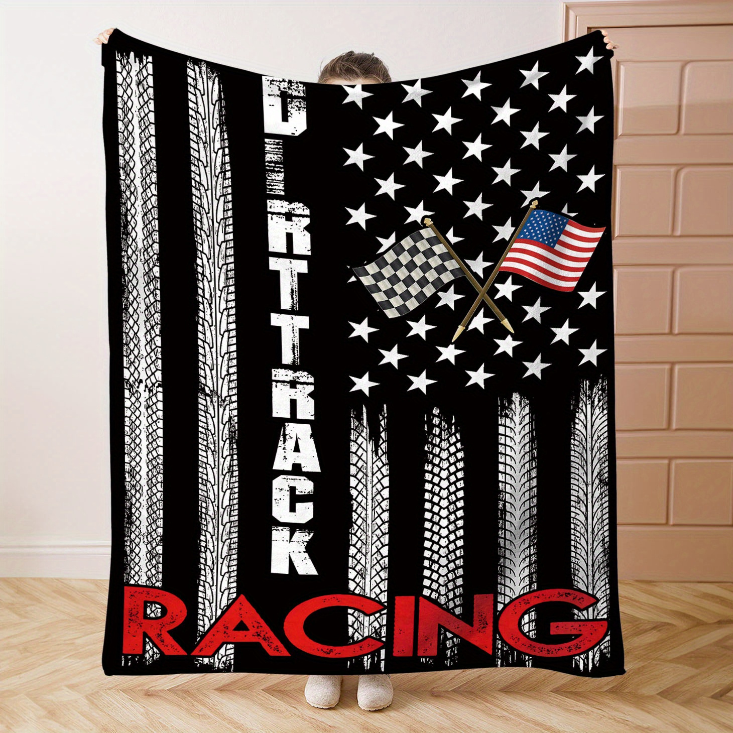 

Racing Knitted Polyester Flannel Throw Blanket, American Flag And Checkered Flag Design, Soft Comfortable All-season Digital Print Bed Sofa Office Camping Blanket