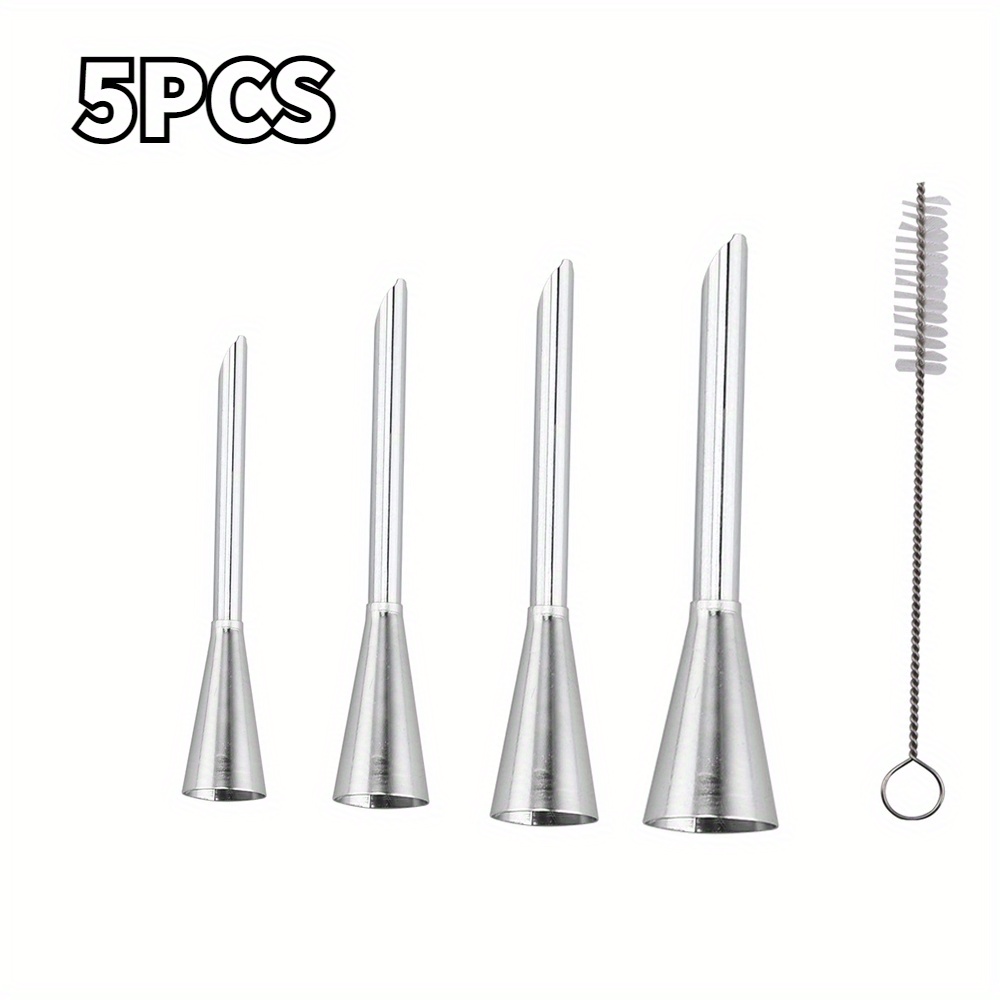 Image of 5pcs Stainless Steel Piping Nozzle Set Piping Tip For Baking With Brush Cream Icing Piping Nozzle Tips, Professional Stainless Steel Long Nozzle Decor Small Pastry Icing Piping Decorating Tools
