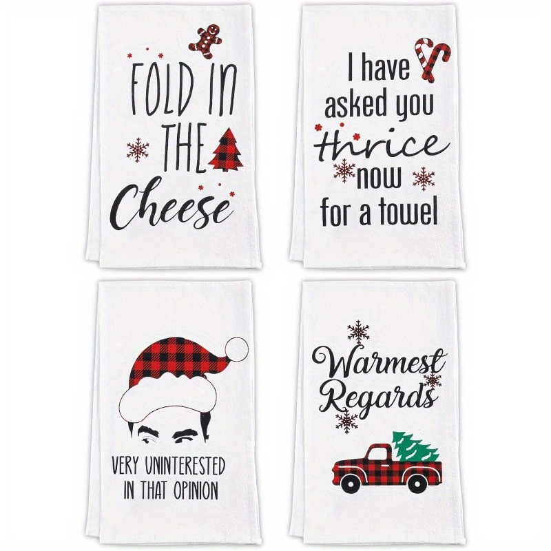 

Contemporary Polyester Blend Dish Towels Set Of 4 - Christmas Kitchen Towels With Cartoon Themes - Super Soft, Woven, Machine Washable Hand Towels 18x26 Inches - Fold In The Cheese & Warmest Regards