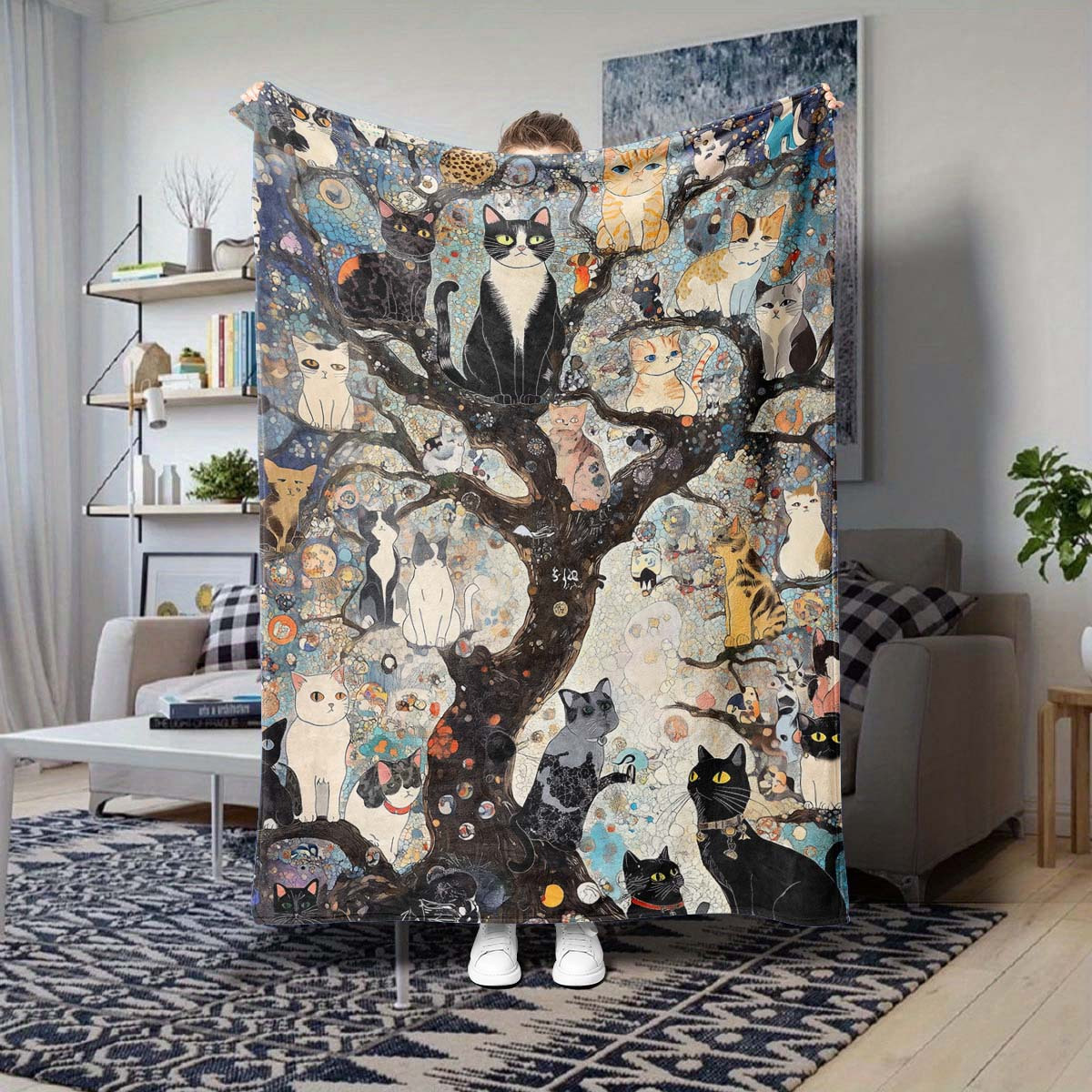 

Artistic Tree With Cats Print Flannel Blanket - Polyester Cozy All-season Throw For Bed, Sofa, And Travel