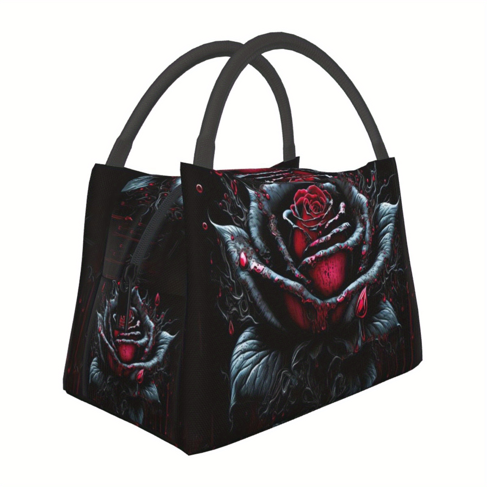 TEMU 1pc Of Black With A -red Rose Pattern, Portable Reusable Cooling Bag, Insulated Bag, Insulated Lunch Bag, Essential For Camping, Picnics, And .