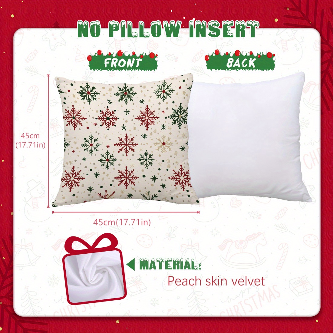 1pc, Christmas Red And Green Snowflake Velvet Pillowcase, Single-sided Printing (17.71in X 17.71in/45cm X 45cm) Decor Pillowcase For Living Room Bedroom Sofa Cushion Cover, Pillow Insert Not Included