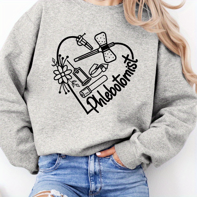 

Women's Phlebotomist Graphic Print Sweatshirt - 100% Polyester Knit Fabric, Casual Crew Neck Pullover, Rib-knit Detail, Cartoon Pattern, Sports Style For All Seasons