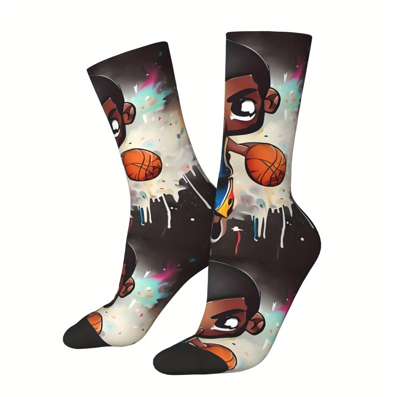 

1 Pair Men's Crew Socks With Hip Hop Vintage Cartoon Basketball Player Design, Polyester Knit Fabric, 95% Polyester 5% Elastane, Machine Washable, Unisex Novelty Streetwear Style