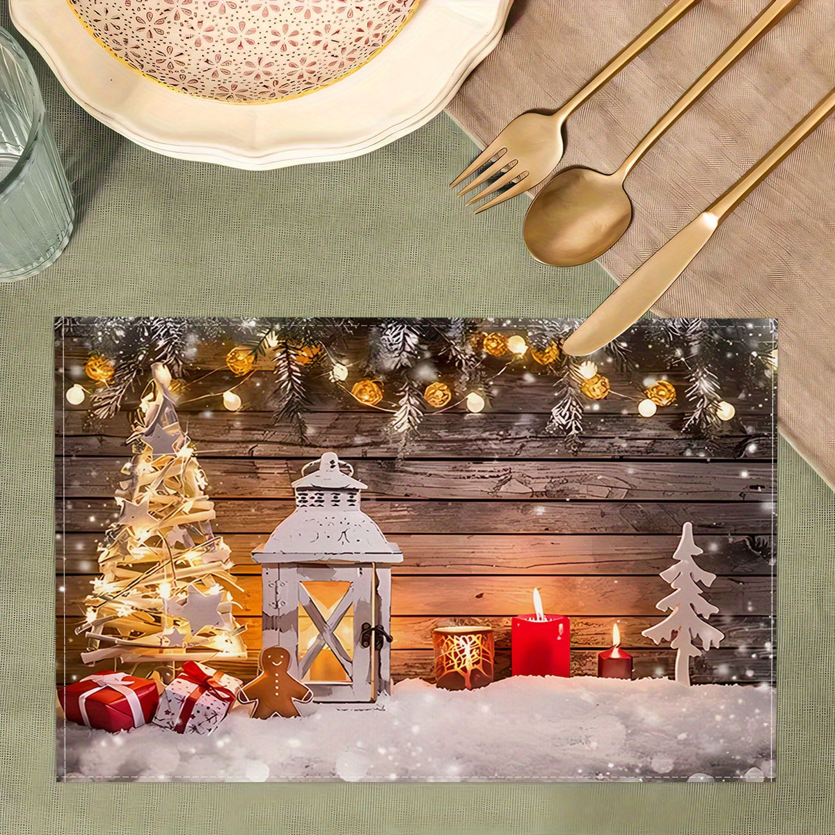 

Christmas Placemats Set Of 1/4/6/8/12 - Washable Polyester Knit Fabric Table Mats With Festive Print - Stain & Heat Resistant Rectangular Dining Place Mats For Holiday Party & Restaurant Decor