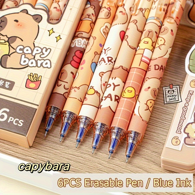 

6-pack Capybara Themed Erasable Gel Pens, Blue Ink, Retractable Design, Smooth Writing, Quick-dry Office Supplies, Elegant Stationery Pens