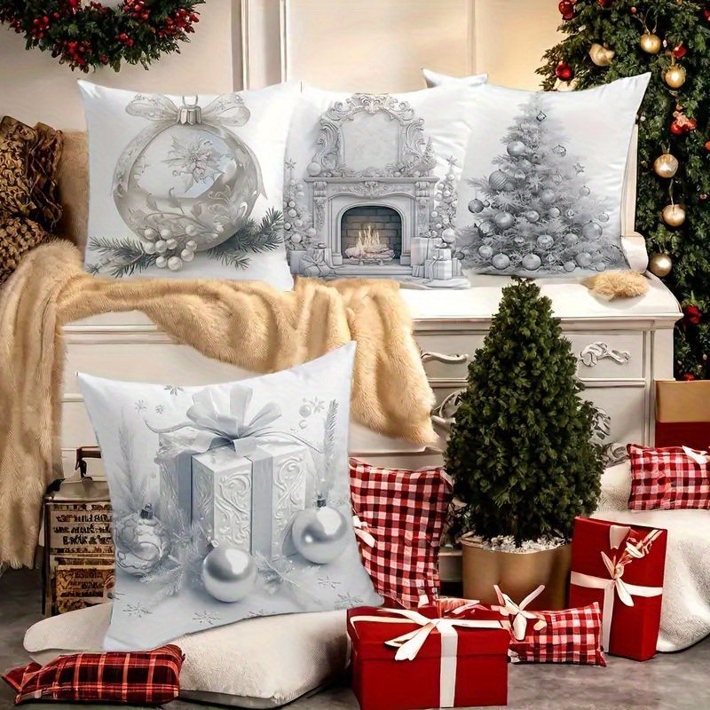 

4-pack Vintage-inspired Christmas Throw Cushion Covers, Knit Fabric, Polyester, Machine Washable With Zipper Closure, Versatile Room Decor Featuring Holiday Tree, Ornament, And Fireplace Patterns