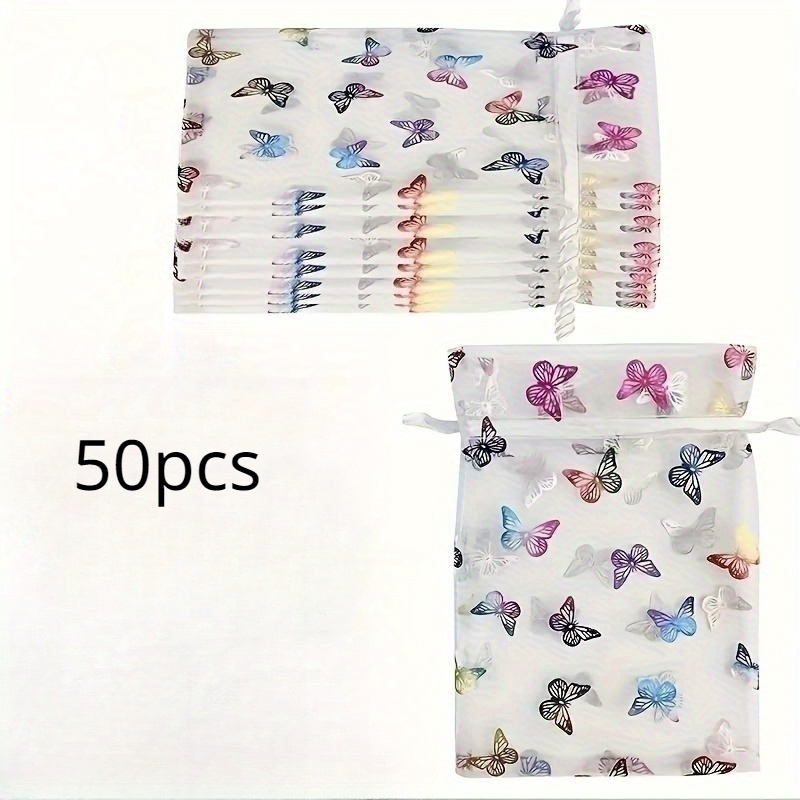 E-shop 50 Stück Elegante Schmetterlings-Netzbeutel mit Pastell-Schmetterling-Mustern – Klare Netzstoff & Doppelverschluss für sichere Aufbewahrung,