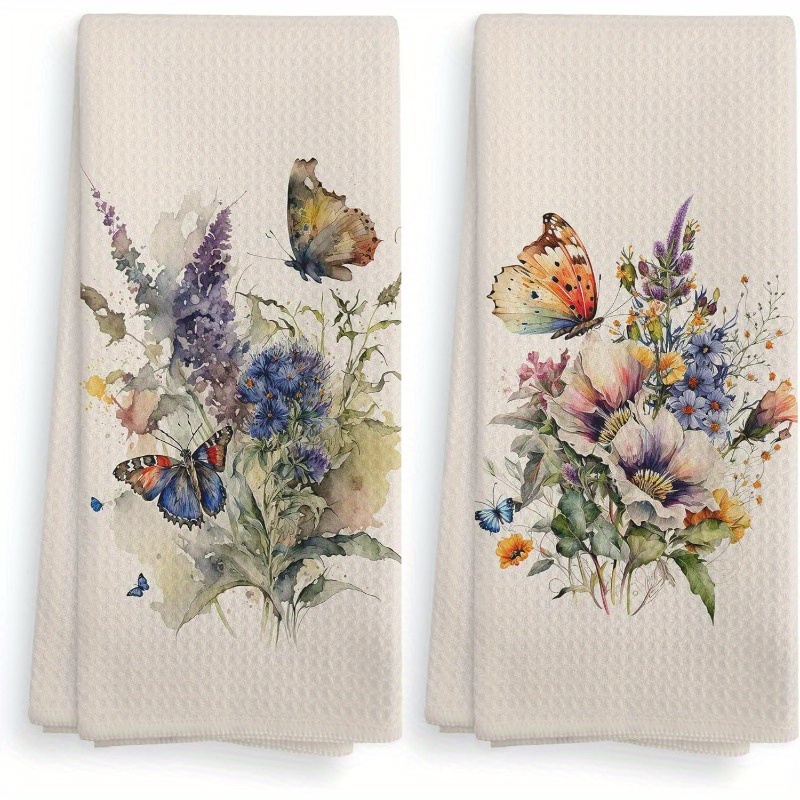 

2pcs & Floral Kitchen Towels - Vintage Spring/summer Design, Machine Washable Polyester Dishcloths For Farmhouse Decor, 18x26 Inches