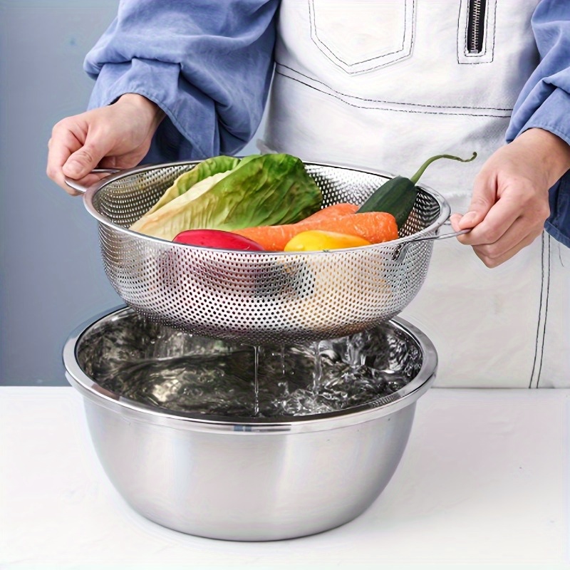 

1pc Stainless Steel Colander Draining Basket – Versatile Kitchen Strainer For Fruits, Vegetables & Rice, Durable Cooking Accessory With Dual Handles