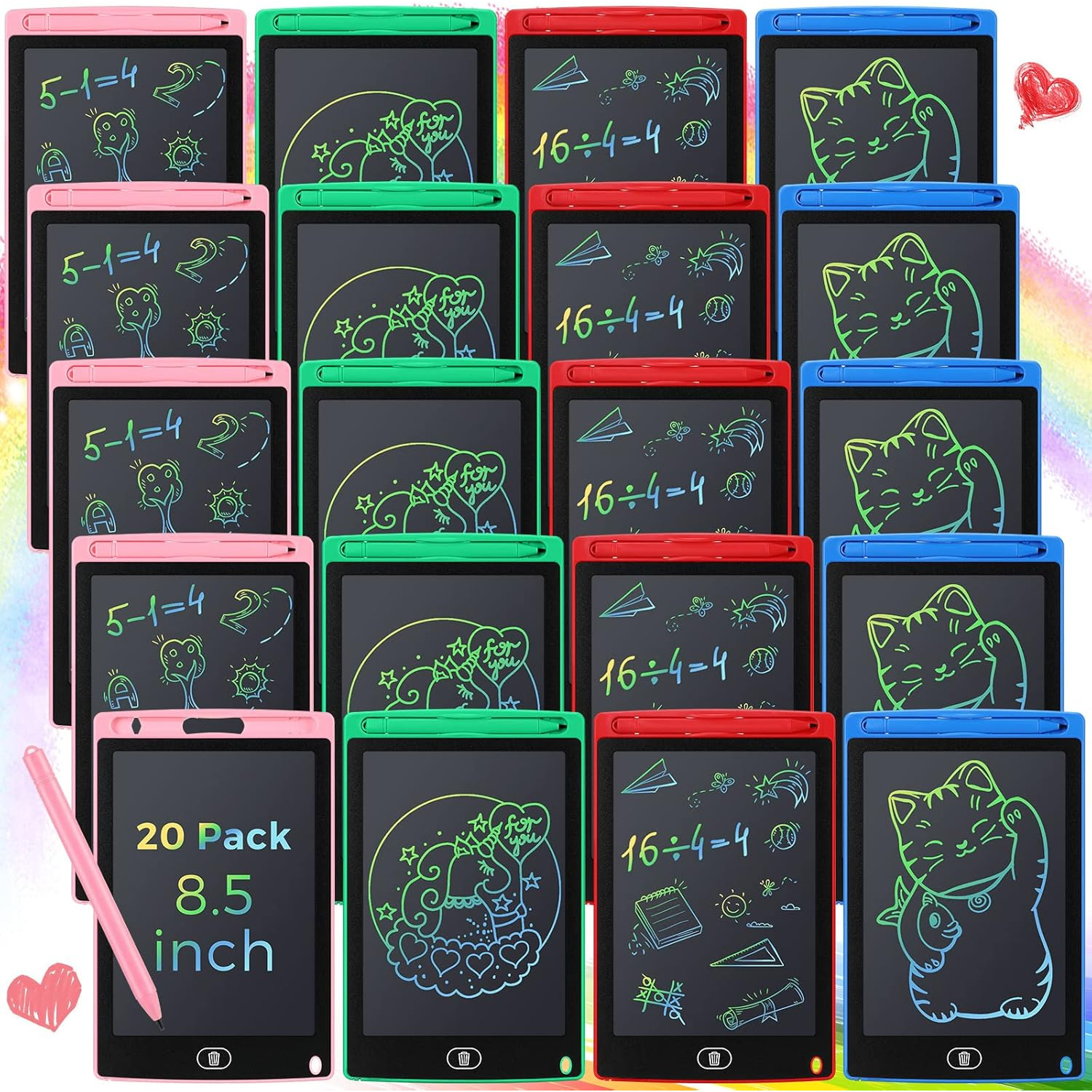 

20 Pack Lcd Writing Board For Kids, 8.5 Inches Doodle Board Reusable Board Screen Drawing Pad Erasable Painting Pads Educational Toy For 3-8 Years(blue, Red, Green, Pink)