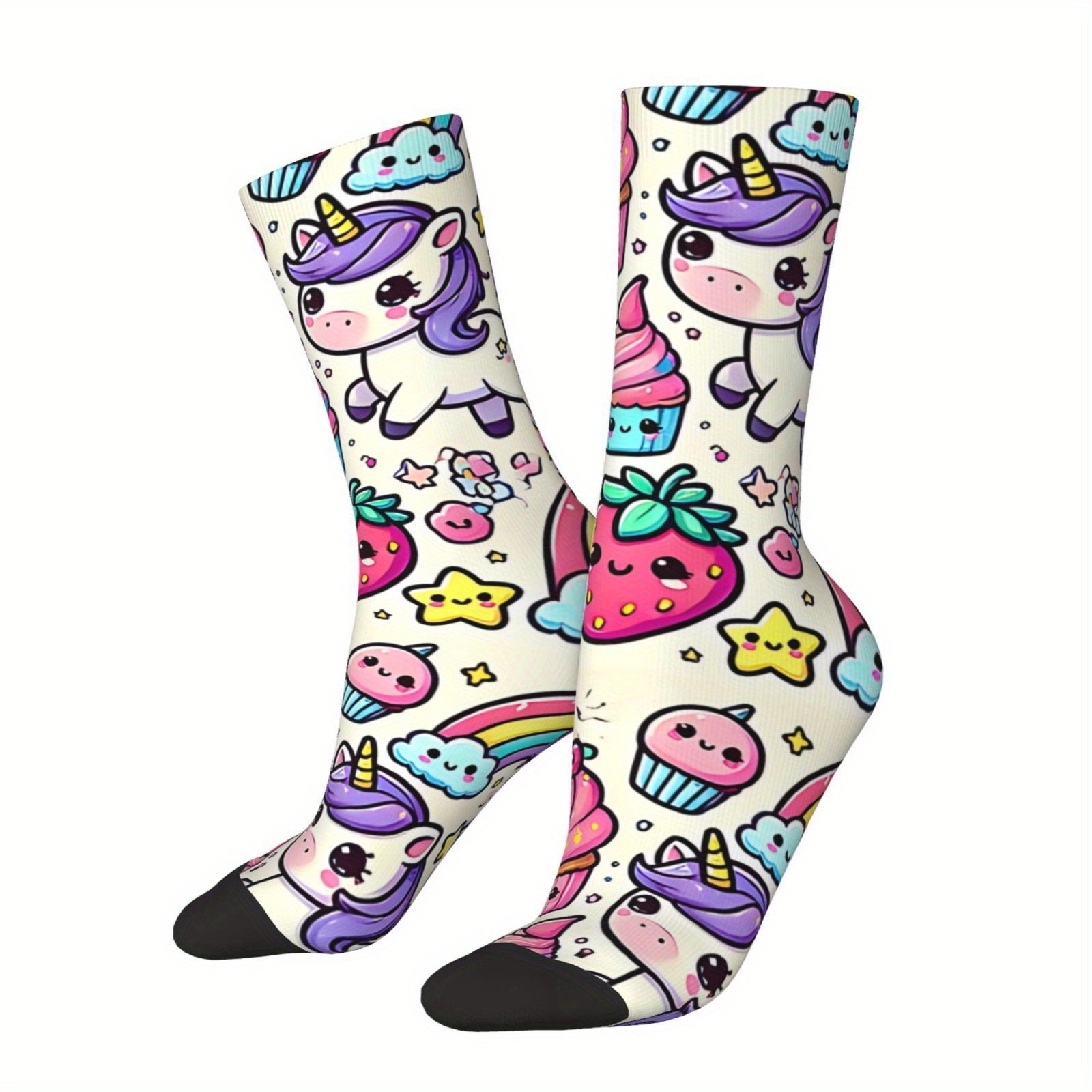 

Unicorn And Cupcake Patterned Men's Crew Socks - 1 Pair, Polyester And Spandex , Novelty Gift, Hand Washable, Hip Hop Style, Random