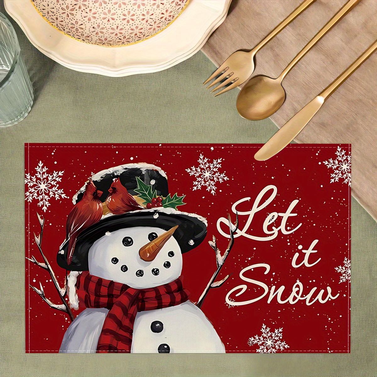 

Christmas Placemats Set (1/4/6/8/12pcs) - Snowman, & Winter Birds Designs, Rectangular Polyester Table Mats For Holiday Dining