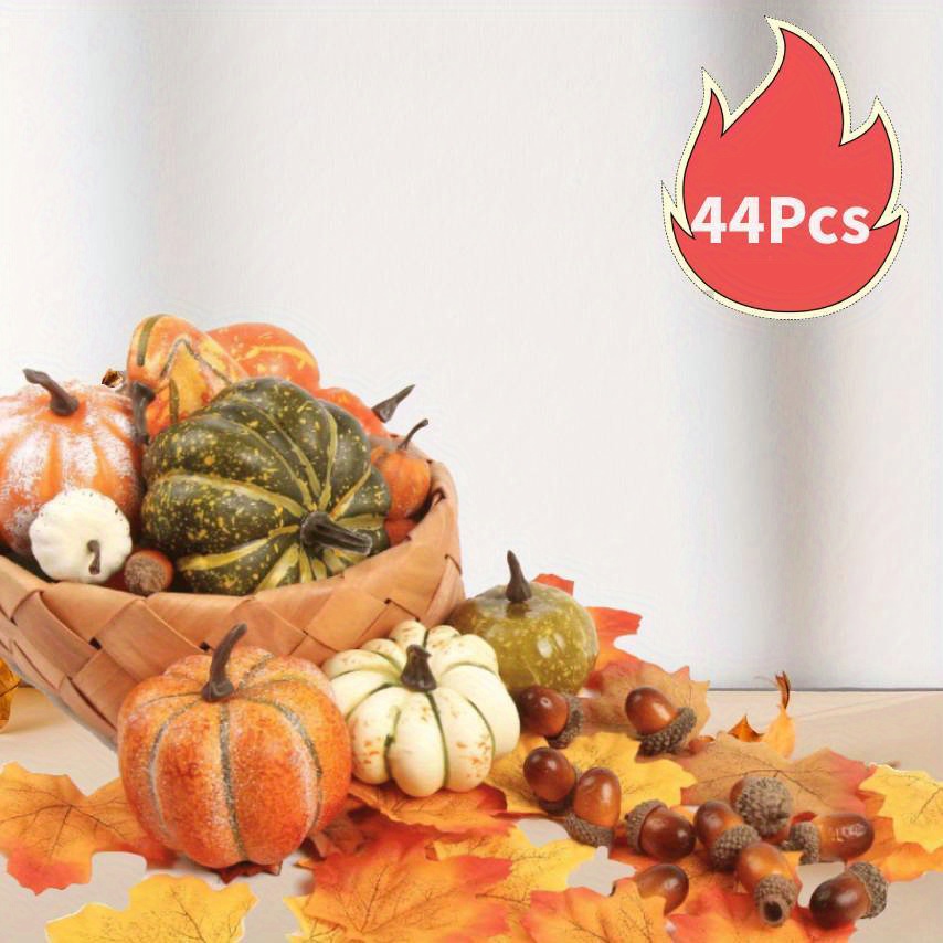 

44pcs Assorted Small Artificial Pumpkins With Maple Leaves Fall Harvest Decoration Set For Thanksgiving Bowl Filler Table Centerpiece Wreaths