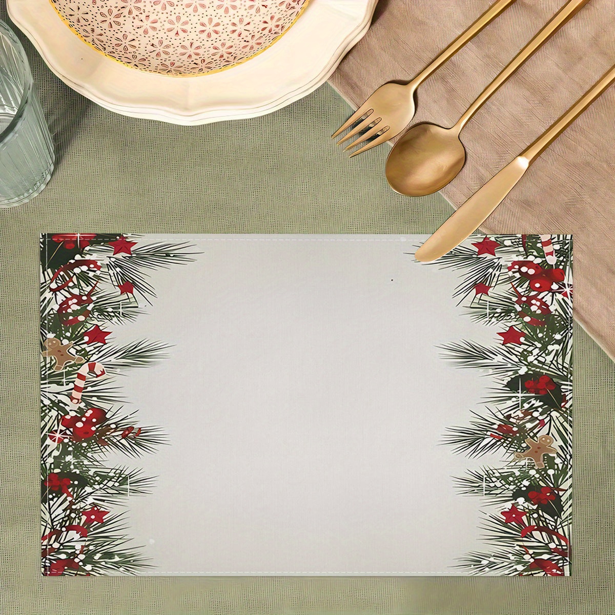 

Christmas & New Year's Eve Placemats (1/4/6/8/12pcs) - Washable Polyester Dining Mats With Gingerbread For Man Design And Tree Branch