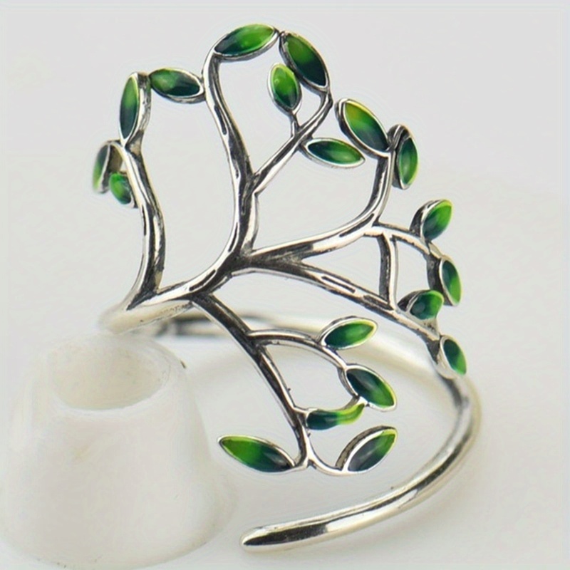 E-shop Damen Herren Emaille Verstellbarer Mode Retro Ring Grün Blatt Baum des Lebens Trendige Party Schmuck Offener Ring