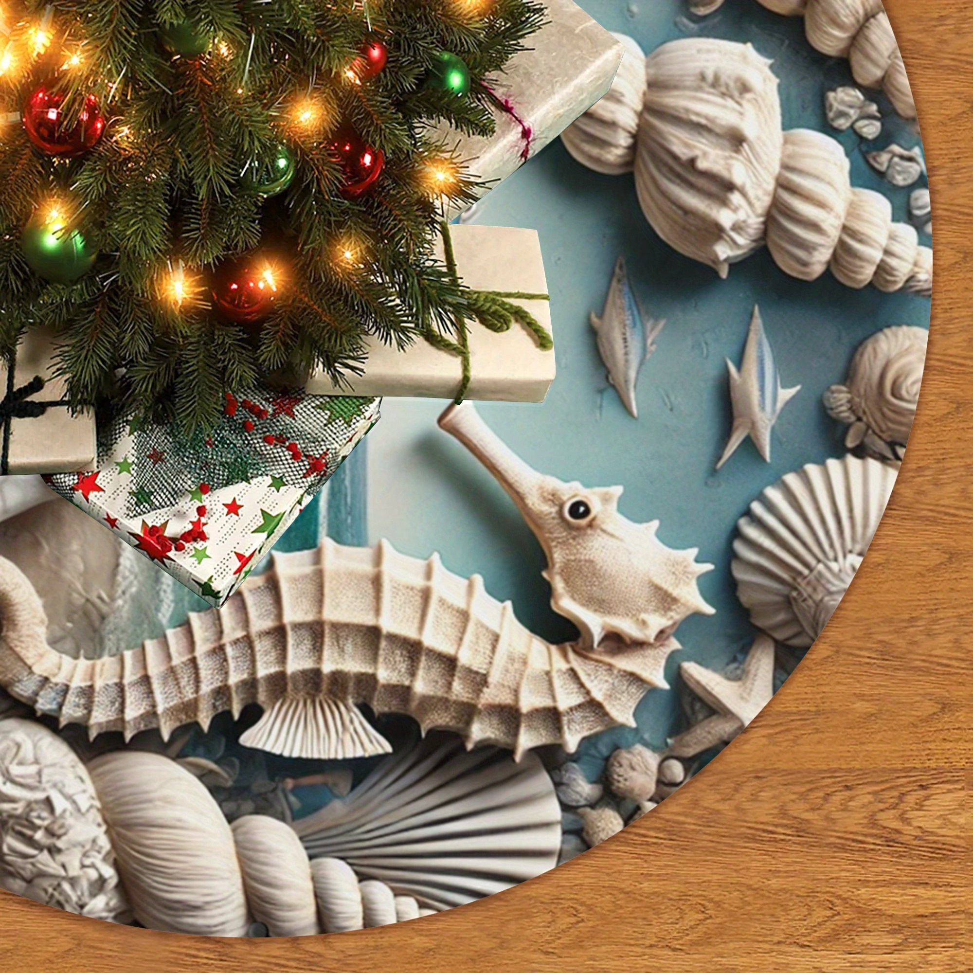 

Coastal Christmas Tree Skirt - Polyester Nautical Sea Mat, Starfish & Seahorse Decor, No Electricity Needed, Party Supplies For Festive Winter Decorations 48x48 Inch