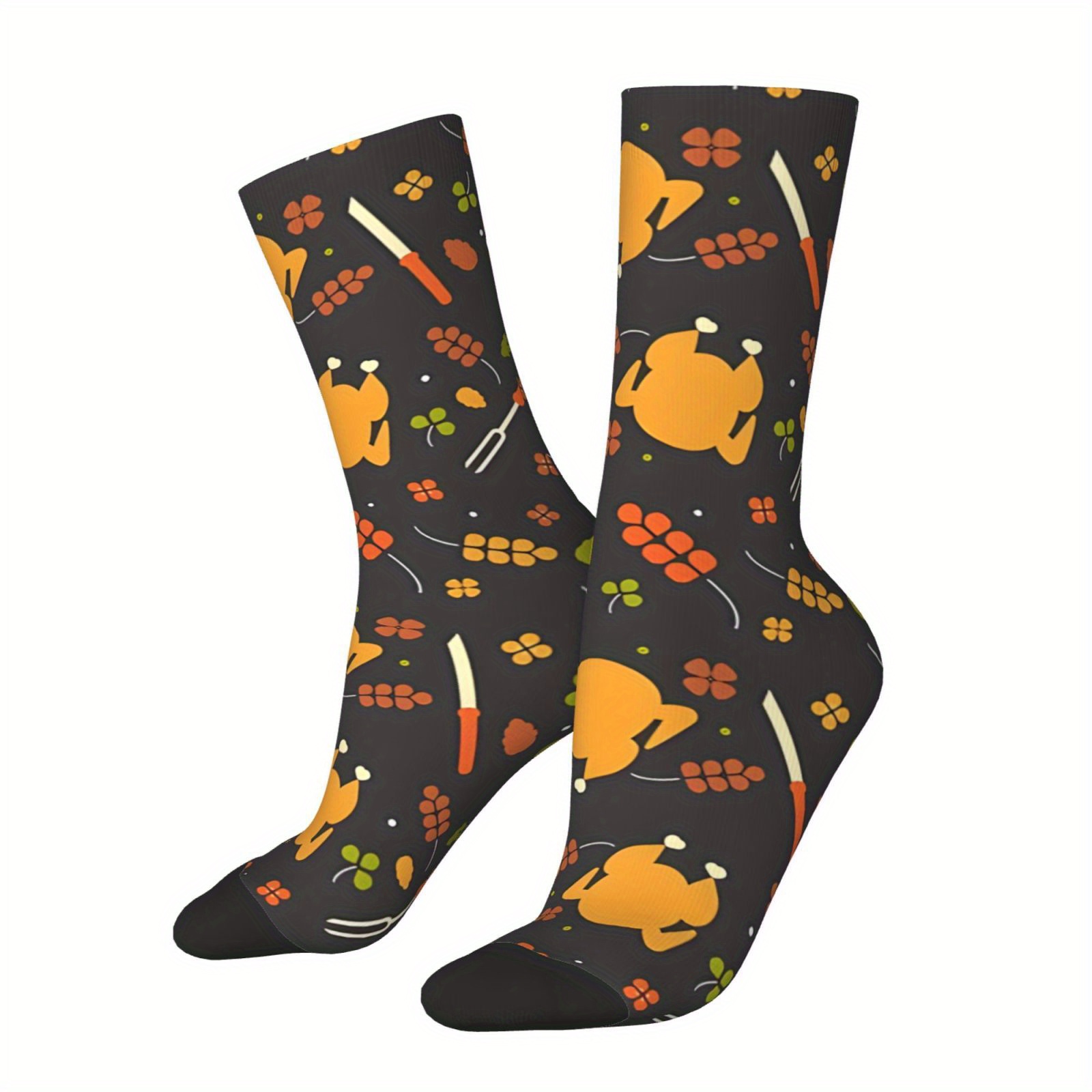 

Men's Novelty Thanksgiving Turkey Crew Socks - Vintage Harajuku Style, Breathable Polyester Blend, Perfect Gift Idea