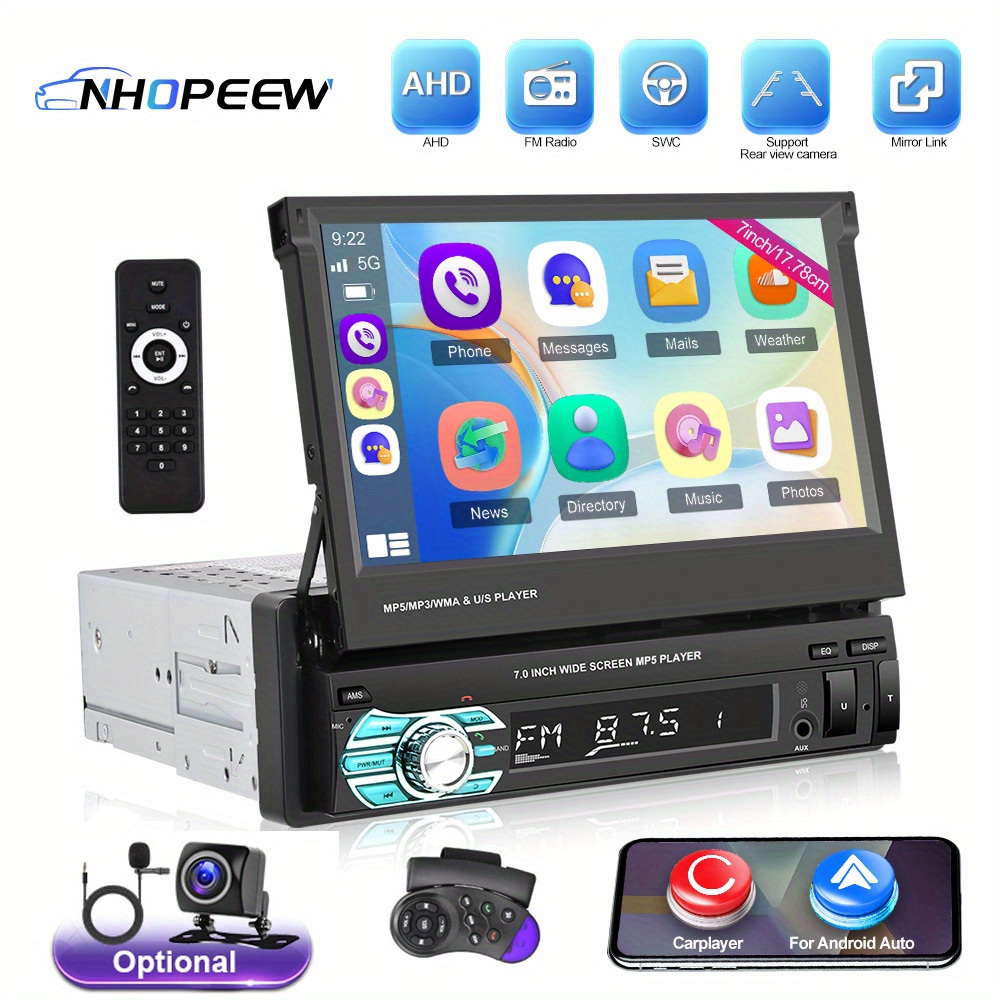 

NHOPEEW 1 DIN 7 pouces HD écran rétractable autoradio autoradio Carplayer& récepteur FM prise en charge prise en charge TF/USB caméra de recul caméra AHD& MIC(en )