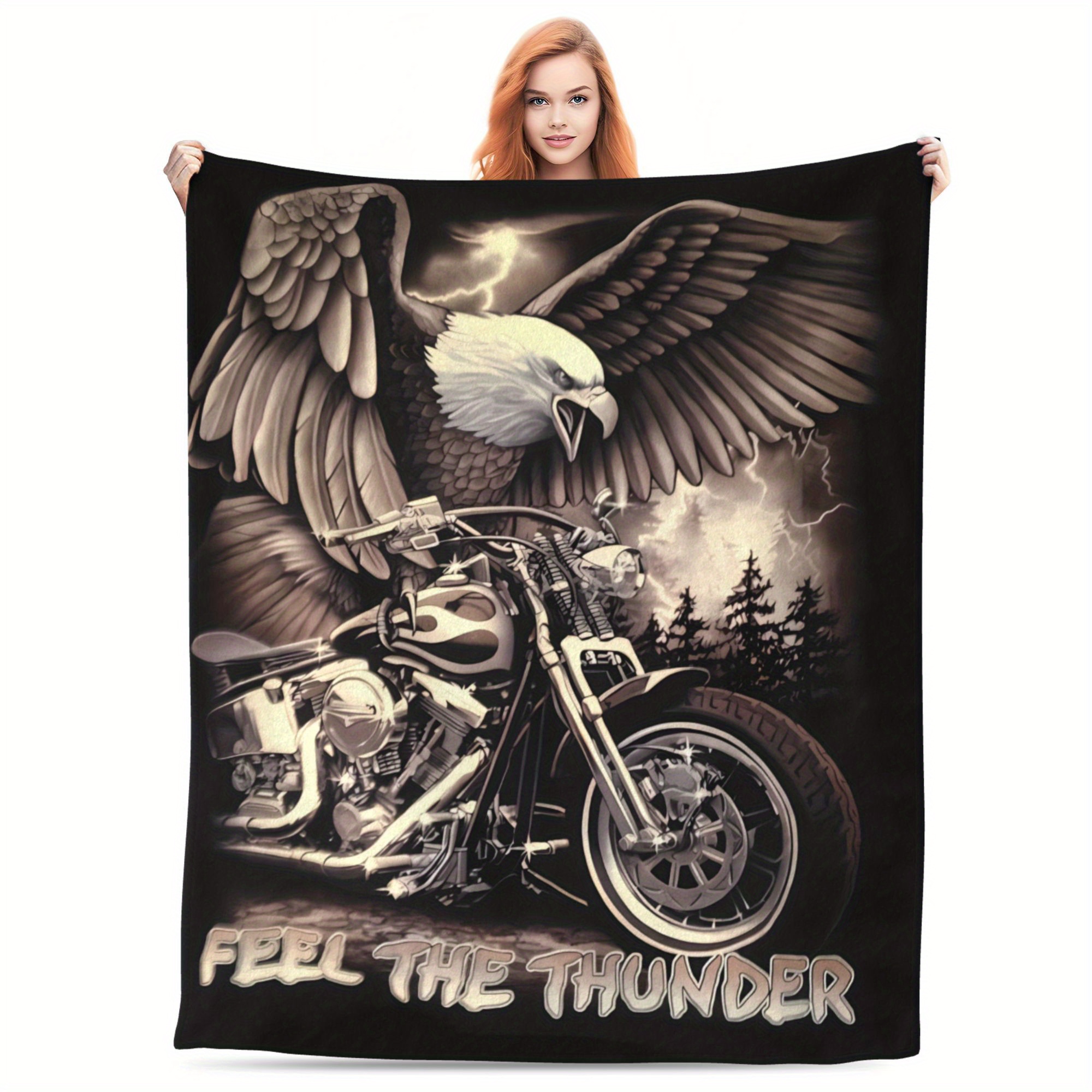 

Motorcycle & Eagle Print Fleece Throw Blanket, Mixed Color, Polyester, Digital Print, All-season, Charming Anime Style, Ideal For Home, Kitchen, Bed, Nap, Christmas, Wedding, Birthday Gift