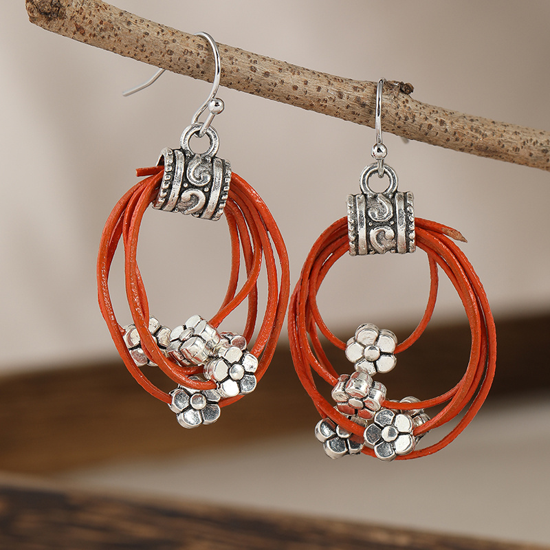 Image of Creative Retro Woven Circular Earrings With Metal Flowers, Women's Ethnic Style Earrings, Daily Party Jewelry Additions
