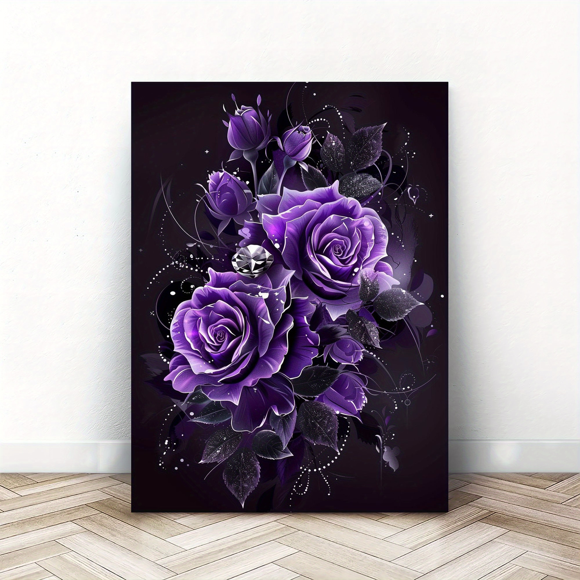 

Elegant Purple Roses With Silvery Diamonds - Wooden Framed Canvas Art, Perfect For Living Room Decor, 11.8x15.7 Inches