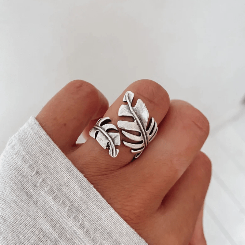 1pc exquisite personalized thick silvery   plant hollow leaf bohemian retro open copper silvery ring for men and women couples daily gift birthday