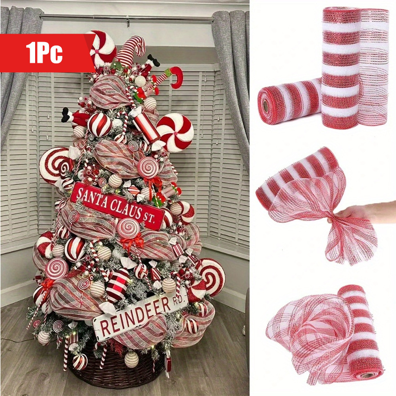 

1pc, Red Cane Decor Mesh Roll 26cmx10yard Christmas Wreath Tree Stripes Packing Net Christmas Ribbon, Home Decor, Yard Decor, Theme Party Decor, Scene Decor