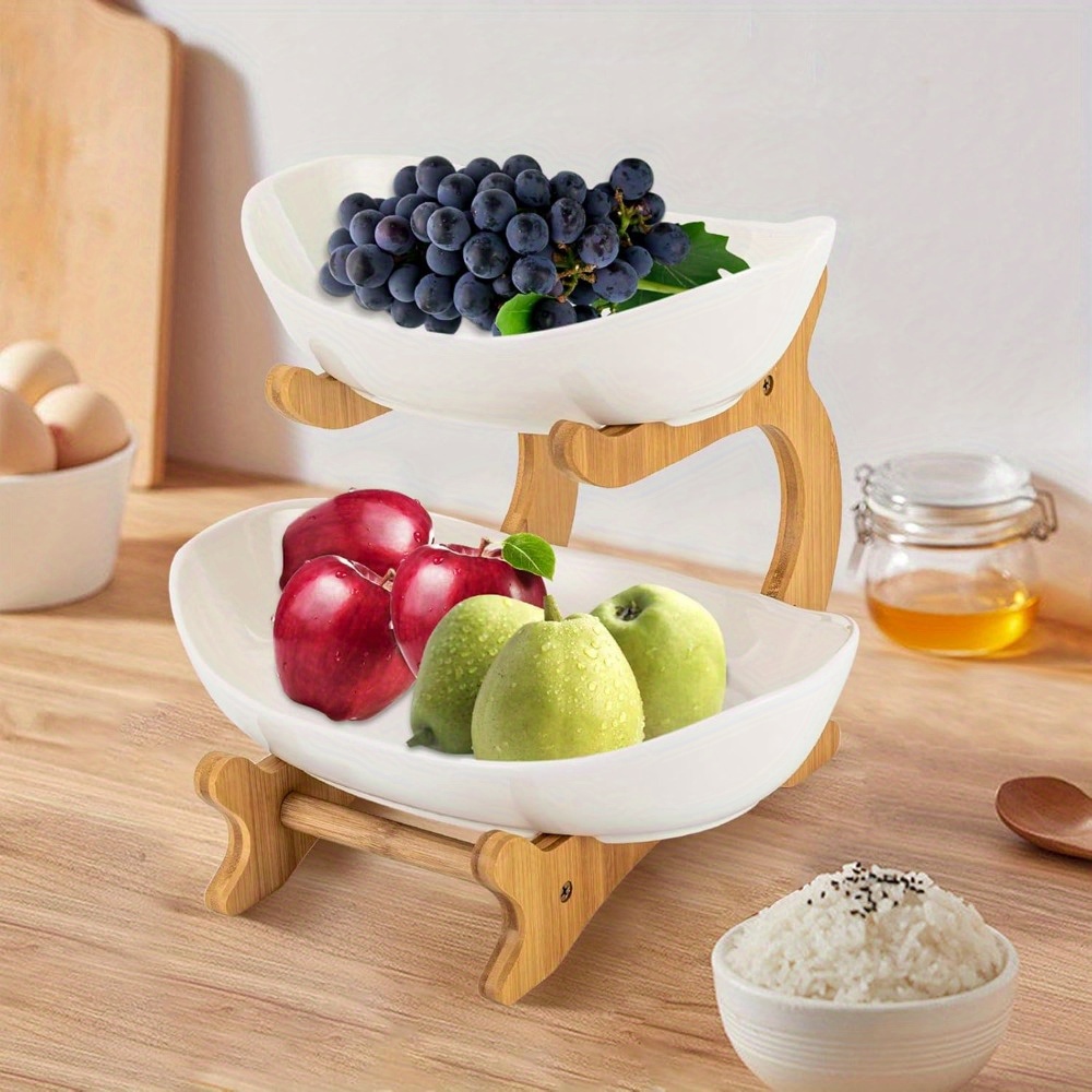 

Ceramic Serving Bowls With Bamboo Bracket Kitchen Porcelain Fruit Bowl 2-tier Fruit Rack For Vegetable Storage, Snack Dessert Cake Tray Plate Rack For Party Wedding Home Decoration Tools