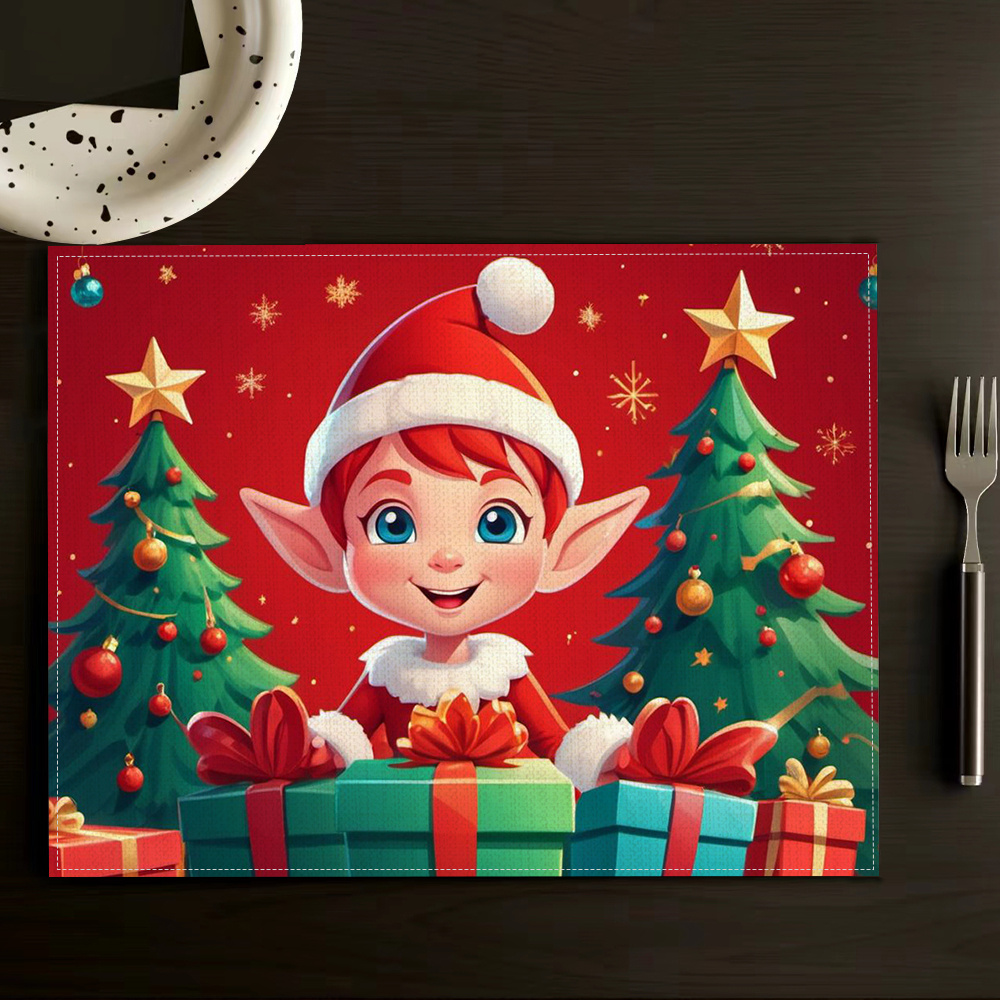 

Christmas Elf Print Linen Placemats 2pcs/4pcs - Woven Rectangular Table Mats For Kitchen, 100% Linen, Easy To Clean And Store, Hand Wash Only - Festive Dining Accessories