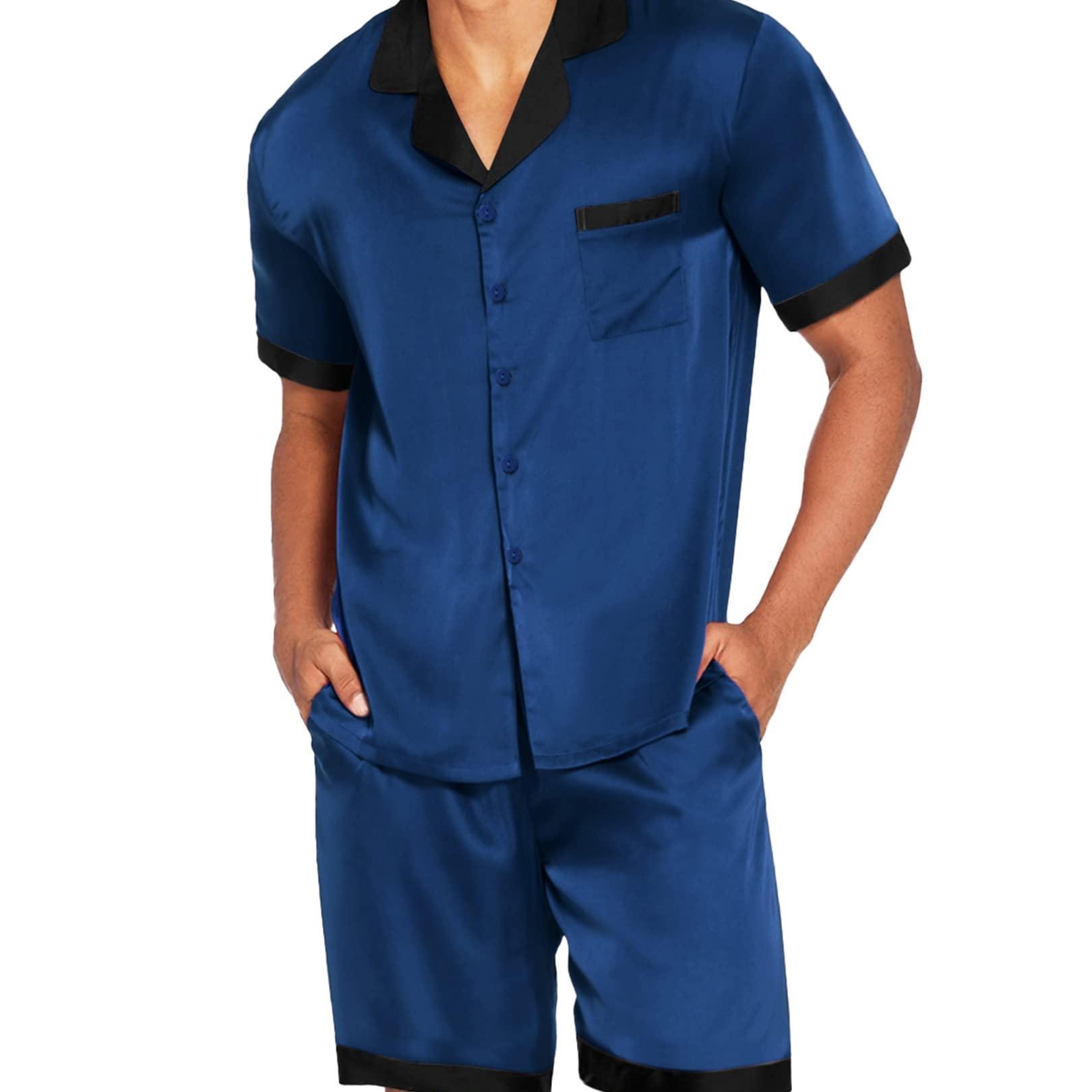 

Men Satin Silk Pajamas Set With Pockets Sleepwear Shorts Satin Summer Loungewear 2 Piece Button Down Set