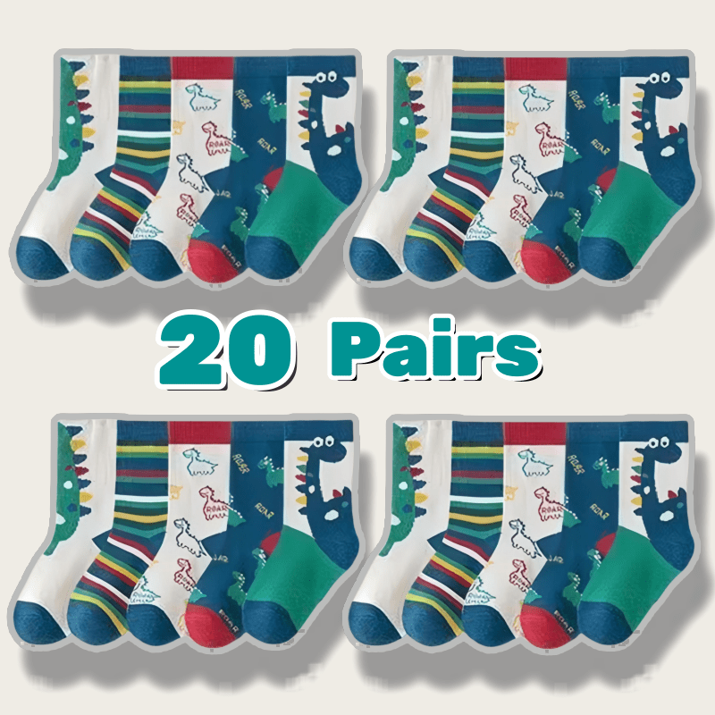 

20-pack Kid's Dinosaur Cartoon Calf Socks - Polyester & Spandex Blend, Knit Fabric, Soft Warm Athletic Mid-tube Footwear For Kids Aged 12 & Under, Hand Washable - Multicolored