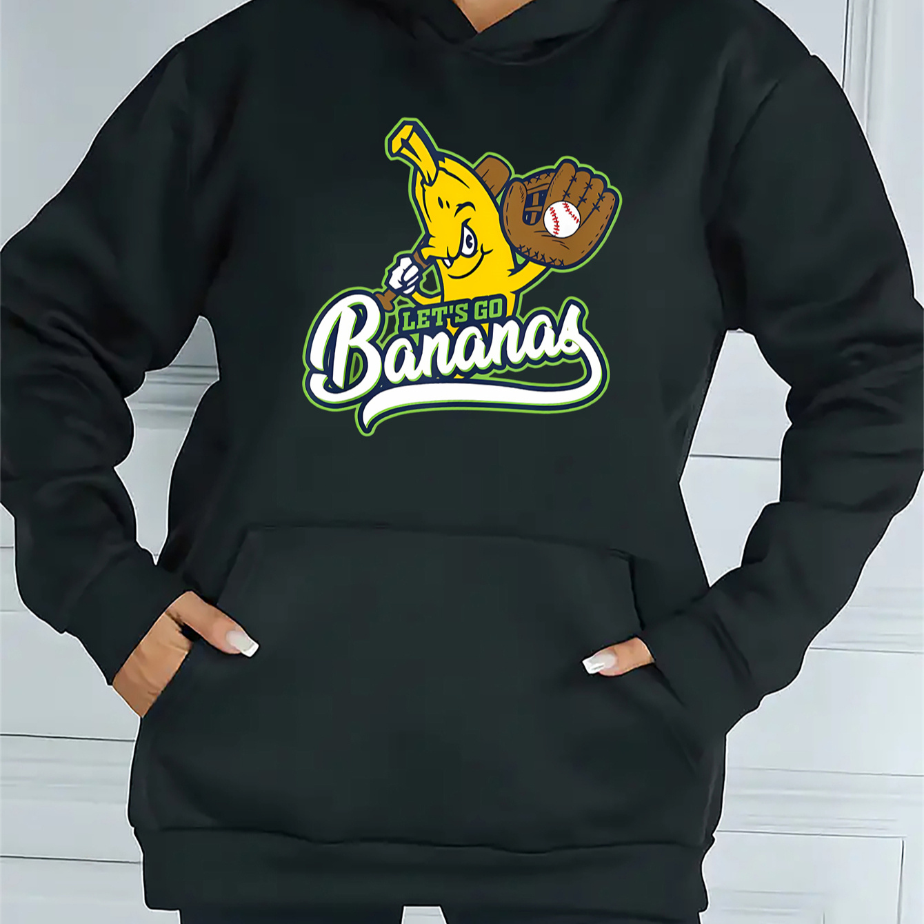 

Women's Banana Baseball Graphic Hoodie, Casual Long Sleeve Pullover Sweatshirt With Kangaroo Pocket, Knit Fabric, Polyester, All-season, Fashionable Sportswear