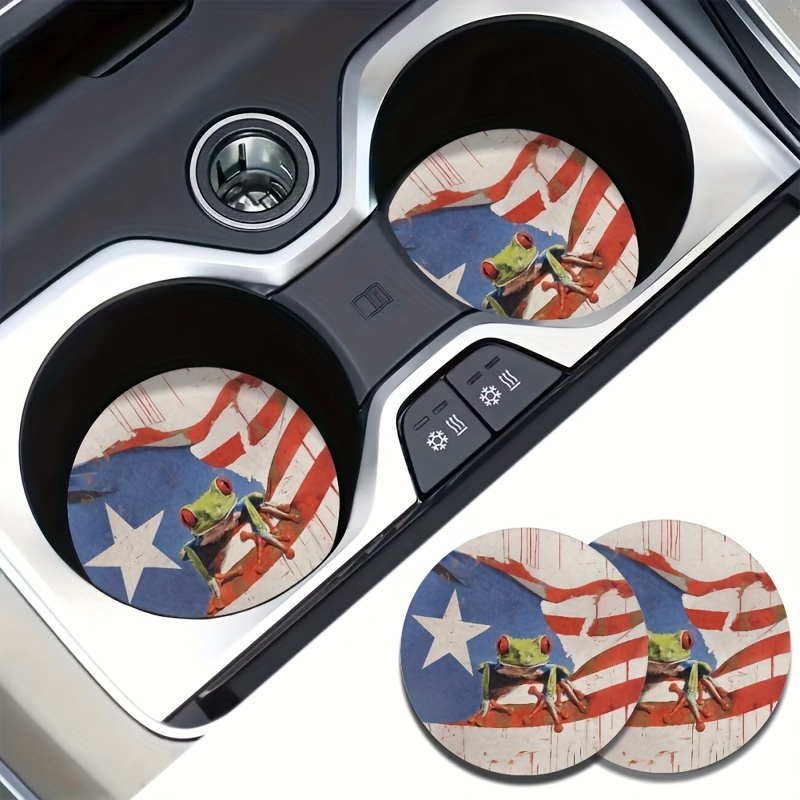 

Puerto Rican Flag & Frog Design Car Coasters - 2.8" Eva Material, Absorbent, Anti Slip, Set Of 2 Vehicle Cup Holder Accessories