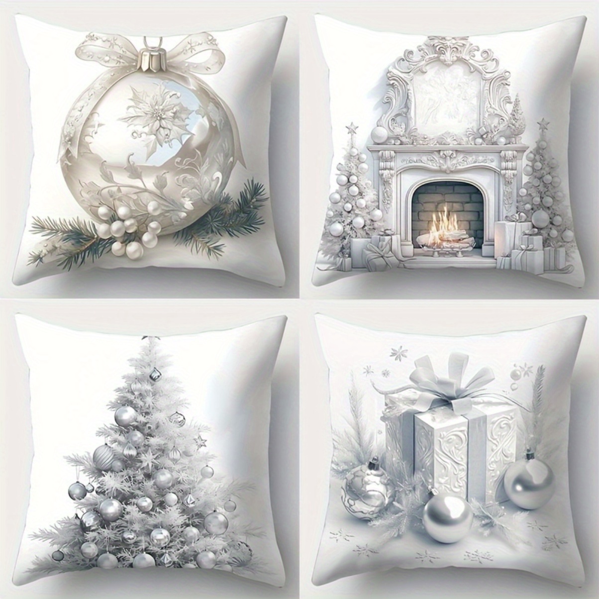 

4pcs Modern Christmas Throw Pillow Covers - Zipper Closure, Polyester, Woven - Holiday Print Design With Trees, Ornaments, Fireplace - For Living Room, No Insert