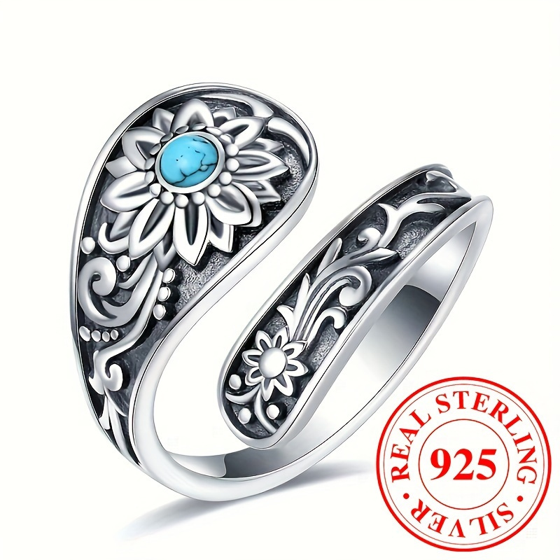 

3.4g 925 Sterling Ring - Exquisite Sunflower Carving, Paved Turquoise Accent, Timeless Wedding Jewelry, Daily Outfit Highlight, High-quality, Reusable, And Versatile Accessory For Any Occasion