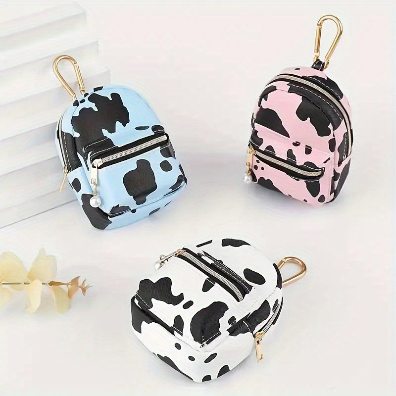 

Mini Cow Print Backpack Keychain - Waterproof Pu Coin Purse & Earbud Holder, Stylish And Functional In Gray, White, Pink, Red, , Keys Or Small