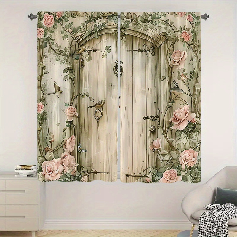 

2pcs Decorated Wooden Door Printed Curtain - Patterned Pole Pocket Window Treatment, Suitable For Bedrooms, Offices, Kitchens, Living Rooms, And Study Rooms - Easy To Hang, , And Fade Resistant