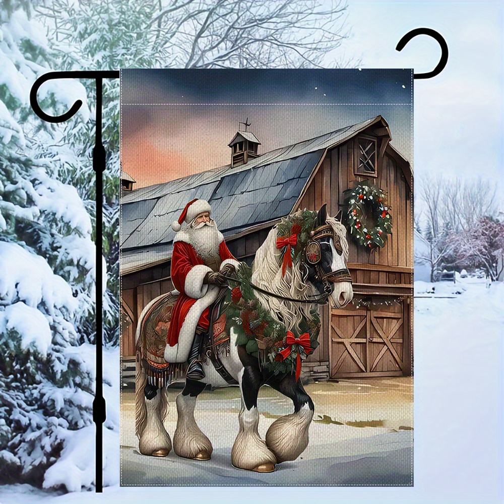 

Santa Riding Horse Garden Flag - Double Sided Polyester Yard Flag For Christmas Decoration, Multipurpose Outdoor Holiday Decor, No Flagpole Required - 12x18 Inches