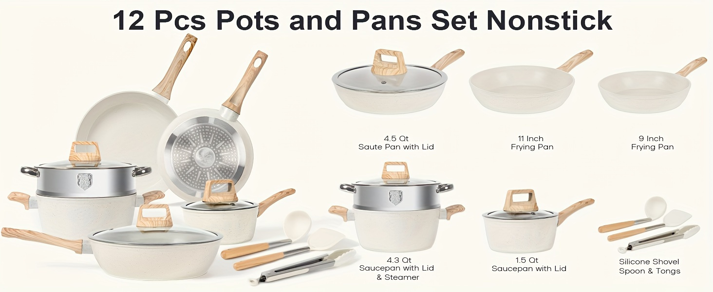 12 pots and pans set non stick cookware set induction cookware non stick granite cooking set including frying   steamer silicone spatula and tongs white details 3