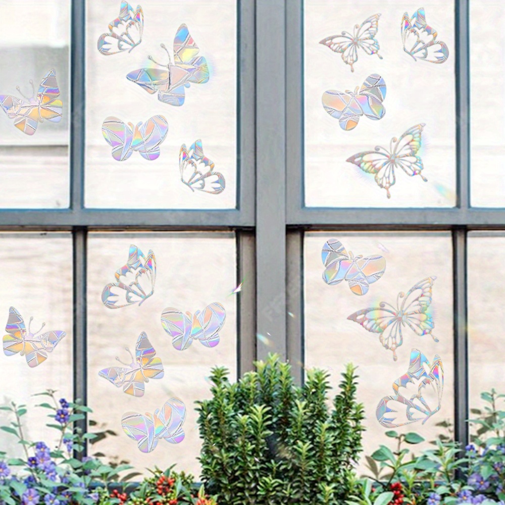 12pcs Boho Butterfly Window Clings - Glitter Shimmery Pvc Suncatcher Stickers, 2mil Thick, Reusable Static Cling Decals, Assorted Shapes & Patterns, Anti-collision Transparent Glass Door Safety Films