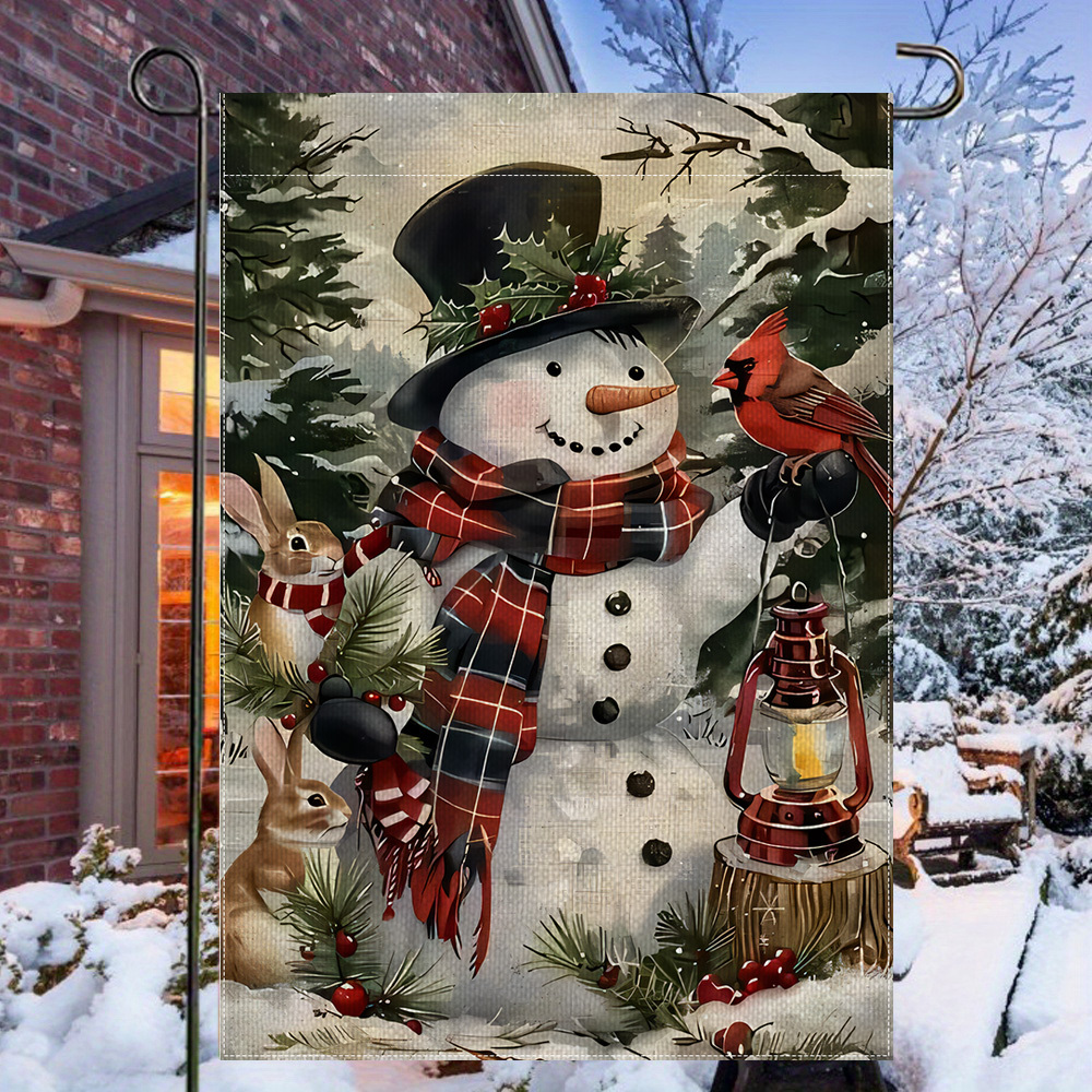 

Charming Christmas Garden Flag - Snowman, & Rabbit Design | Double-sided, Durable Polyester | Outdoor Holiday Decor | 12x18in, No Pole Included, Christmas Decor