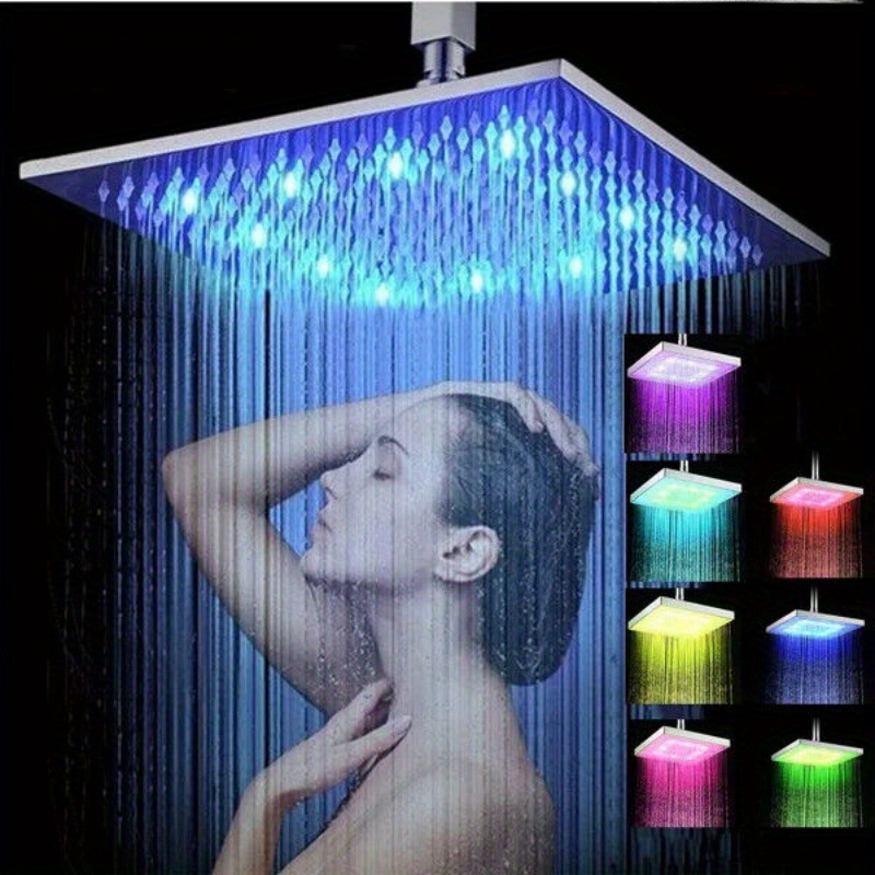 TEMU 1pc Romantic 6inch Square Shower Head, Showerhead 7 Color Changing, Bathroom Accessories Water Saving Shower Spray Nozzle For Water Bath Home Bathroom, Bathroom Accessories