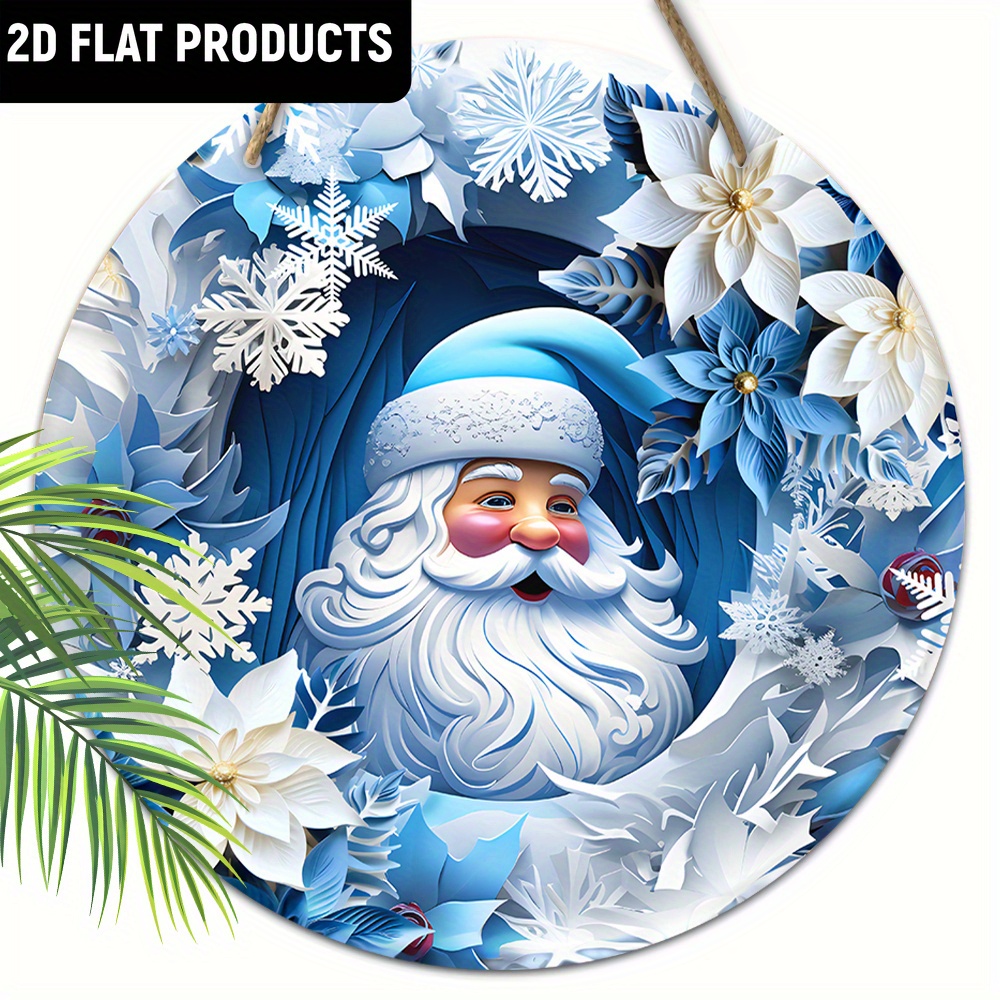 TEMU 2d Flat, [ 2d Flat ] Classic Christmas Decor Wooden Ornaments Sign 2d Plane 7.87in/20cm Blue Santa Claus, Snowflake, Flower, Cave Pattern Wooden