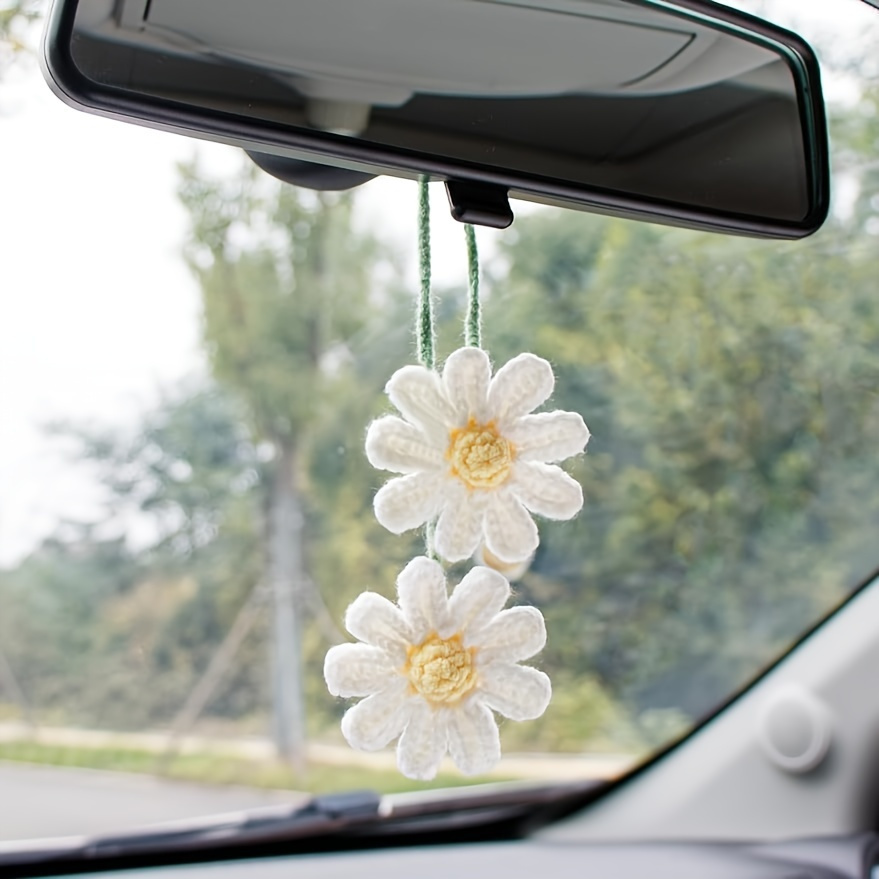 

Daisy Crochet Car Accessories - Handmade Fabric Rear View Mirror Hanging Charms For Women And Girls, Cute Car Decor Gifts For Crochet Lovers, Unique Car Accessories With