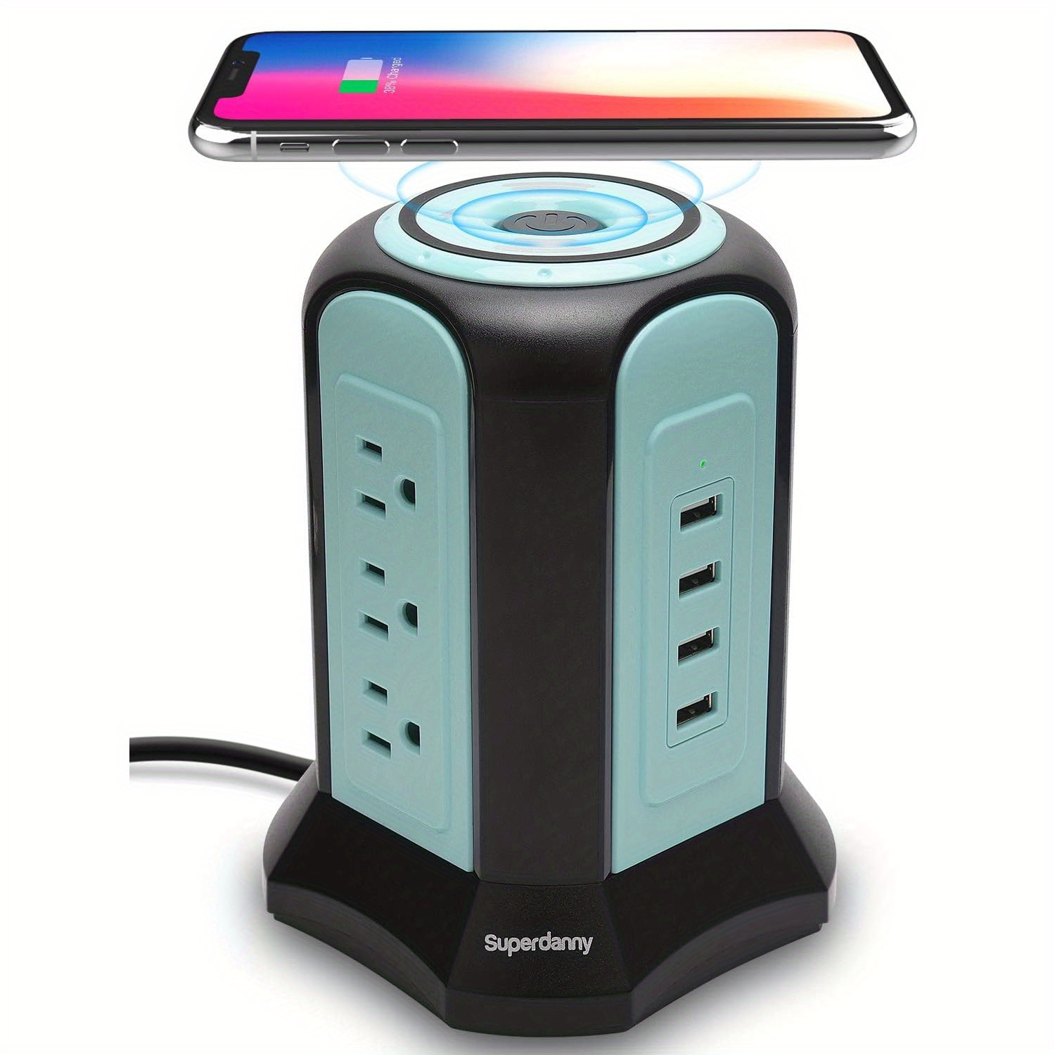 

10ft Extension Cord Protector Tower With Wireless Charger, Superdanny Protector Tower, 10a 1080j Charger Station With 9 Outlets & 4 Usb , For Laptop Phone , Multi Plug Outlet