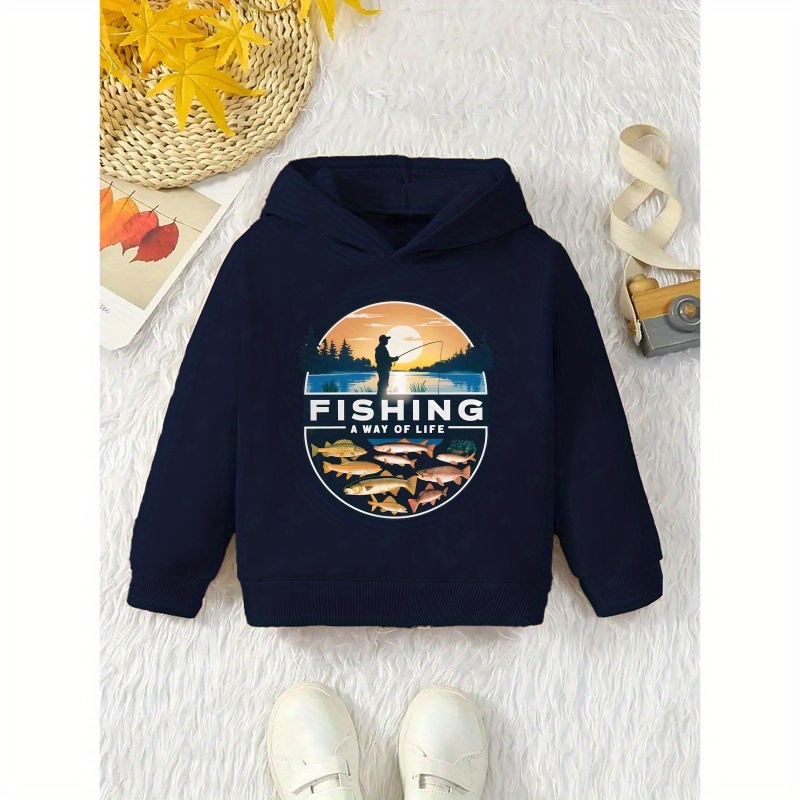 

Boys' Polyester Casual Fishing Graphic Hoodie - Knit Fabric, Slight Stretch, Hooded Pullover With Long Sleeves For Fall/winter - Casual Sportswear Top For Children Aged 12 And Under