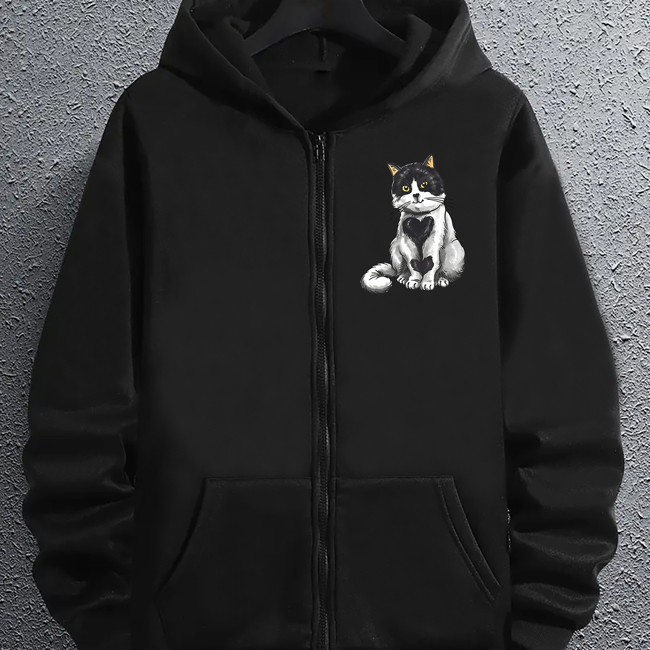 

Sweat à capuche imprimé pour homme avec un motif de chat mignon, fermeture éclair, coupe standard, tissu tricoté, polyester, toutes saisons, style décontracté, avec capuche.